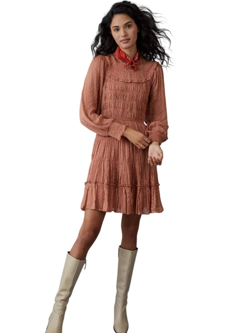 ANTHROPOLOGIE Dalia Smocked Mini Dress Rust Color Ruffled Size Small